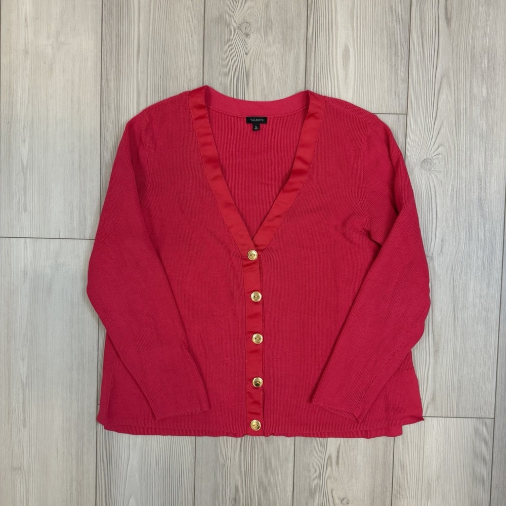 Talbots Women's XL V-Neck Cardigan Button Front Knit Sweater Pink Gold Buttons